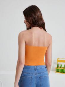 We Bare Bears X SHEIN 女士夏季卡通熊和字母印花緊身無肩帶上衣 - 橘色 - 查看 4