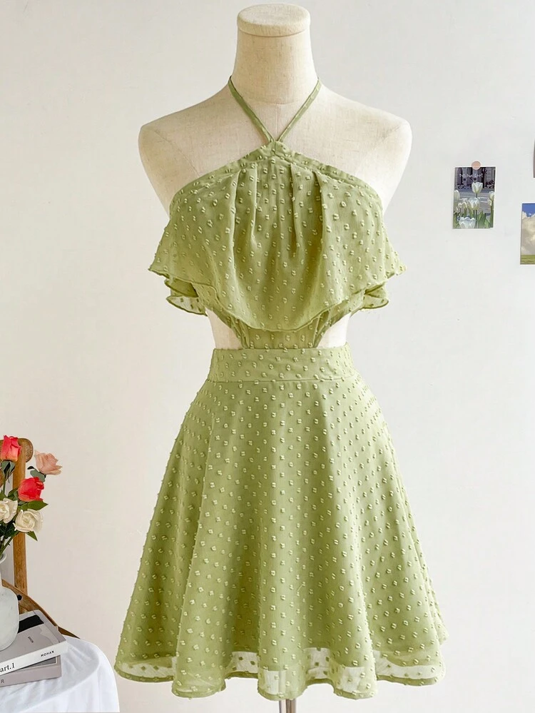 Women's Vacation, Easter, Graduation, Wedding Season, Back To School Cute Party Lunch Garden Afternoon Tea Summer 3D Cut-Out Chiffon Halter Elastic Waist Flowing Chiffon Dress