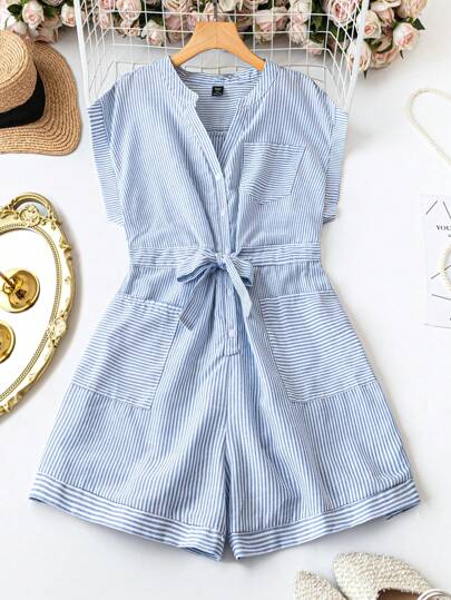 SHEIN LUNE 加大尺碼女士夏季條紋V領無袖休閒背帶連體褲，帶有兩個口袋