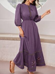 Mulvari 女士優雅花卉刺繡燈籠袖束腰連衣裙，夏季 - 淺灰紫 - 查看 2