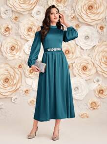 Modelyn Women's Solid Color Open Shoulder Lantern Sleeve Long Elegant Arabian Style Dress Long Evening Dresses - Teal Blue - View 7