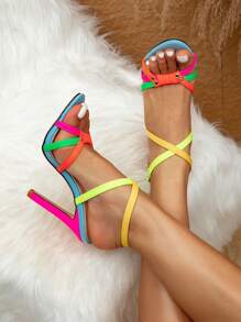 Sandali con tacco a spillo e cinturino incrociato colorato con avvolgimento alla caviglia, disponibili in vari colori, sandali con tacco alto rosa per donne