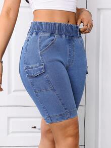 Y2K Style Women's Stretchy Casual Versatile Street Utility Multi-Pocket Elastic Waist Denim Bermuda Shorts, Spring/Summer