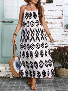 SHEIN Holidaya 加大碼女士夏季幾何印花細肩帶休閒裙 - 彩色 - 查看 4