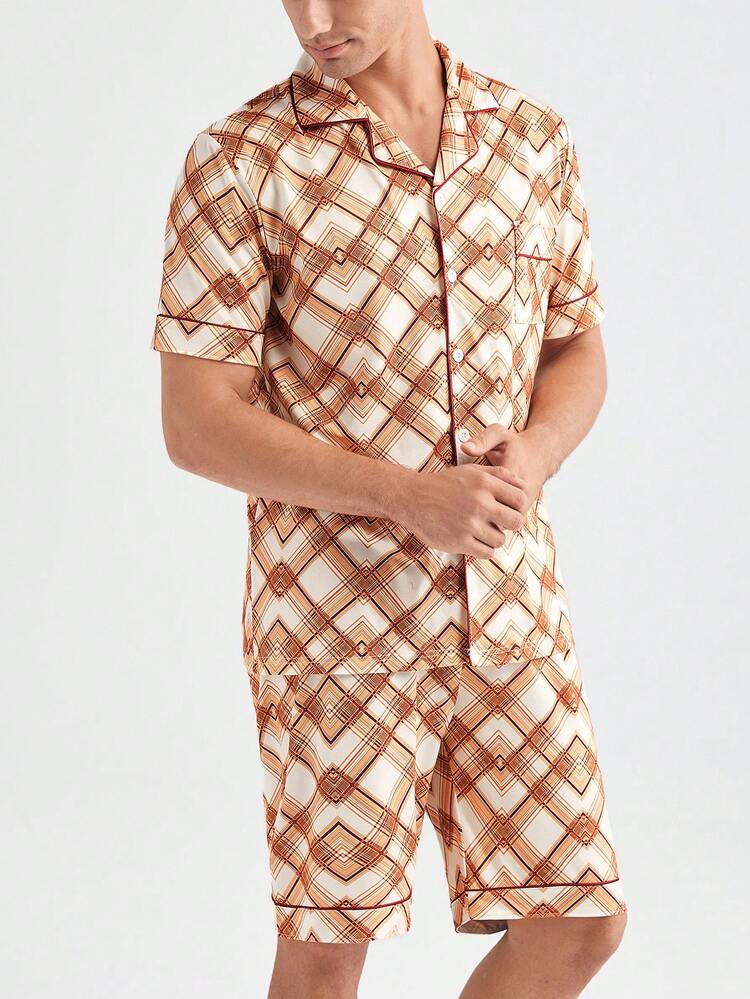 Men Fashion Plaid Short Sleeve Shirt Shorts Home Clothes Set