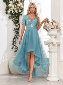 撞色亮片高低下摆网眼女式派对连衣裙 - 淺藍色 - 查看 1