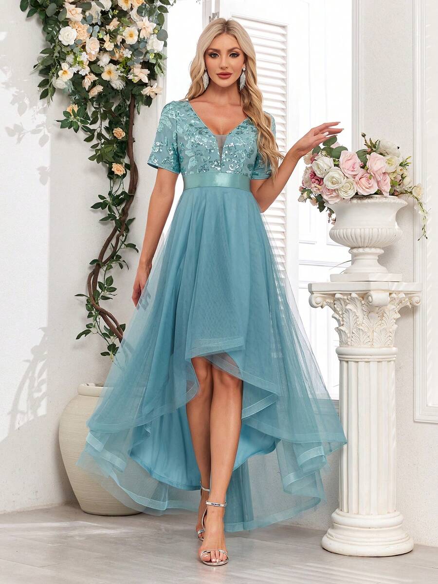 撞色亮片高低下摆网眼女式派对连衣裙 - 淺藍色 - 查看 1