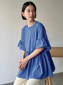 FRIFUL Áo thun ngắn tay cổ tròn viền bèo màu trơn mùa hè dành cho nữ - Xanh đậm - Xem 4