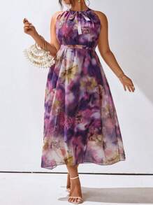 SHEIN Clasi Plus Size Floral Printed Halter Sleeveless Summer Dress - Purple - View 4