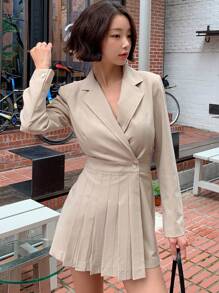 DAZY 女士夏季休闲纯色翻领褶皱裹身连体裤，秋季服装连身裤 - 杏色 - 查看 6