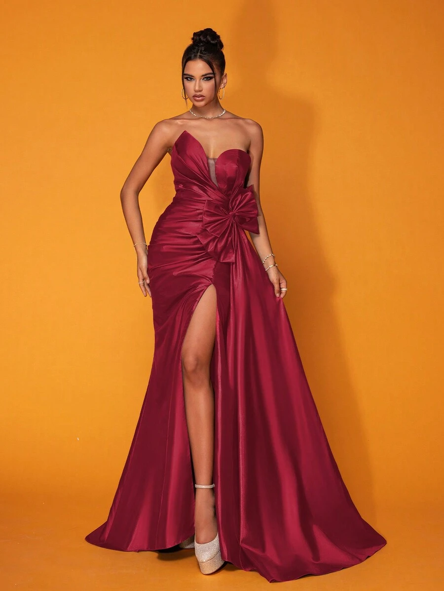 Smilprince Long Sexy Strapless Solid Color High Slit Ruched Elegant Evening Gown Dress (Heavy Embellished) - Burgundy - View 1