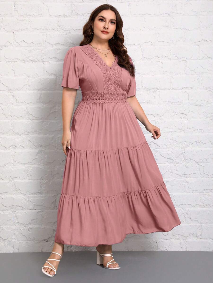 SHEIN VCAY Plus Size Summer Elegant Solid Color Lace Splicing High Waist Dress,Beach Dress Sundress,Holiday Outfits Boho - Dusty Pink - View 1