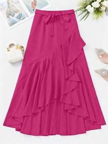 Chiquease Falda elegante de cintura alta para mujer en unicolor con dobladillo de cola de pez con ribete de volantes y lazo - Rosa Fucsia - Ver 4