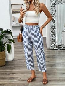SHEIN LUNE Women's Fashionable Blue And White Striped Loose-Fit Versatile Cropped Trousers - Blue - View 4