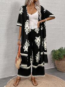 SHEIN LUNE 女式復古印花長外套及褲子套裝，適用於度假和休閒