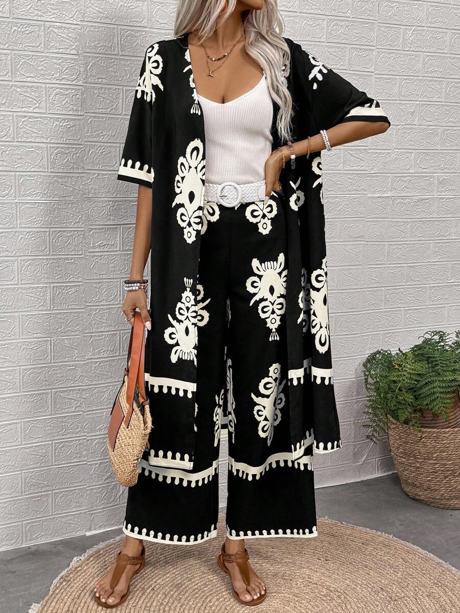 SHEIN LUNE 女式復古印花長外套及褲子套裝，適用於度假和休閒