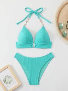 SHEIN Swim 女士纯色拼接比基尼套装带金属链吊带领，性感两件套比基尼套装，适合度假、夏季海滩 - 藍色 - 查看 5