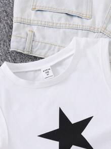 SHEIN 少女針織純色星型褶皺休閒上衣 - 白色 - 查看 3