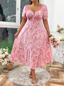 SHEIN LUNE 大码波西米亚风短袖花卉印花开叉浪漫假日连衣裙夏季女装 - 粉色 - 查看 6
