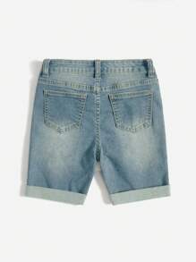SHEIN Tween Boy Summer Casual Cat Whisker Detail Rolled Hem Denim Shorts