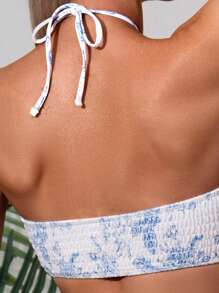 SHEIN Swim Women's Floral Printed Halter Neck Cross Strap Two-Piece Bikini With Random Print For Holiday Summer - Blue and White - View 5