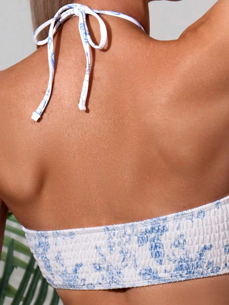 Women's Floral Printed Halter Neck Cross Strap Two-Piece Bikini With Random Print For Holiday Summer