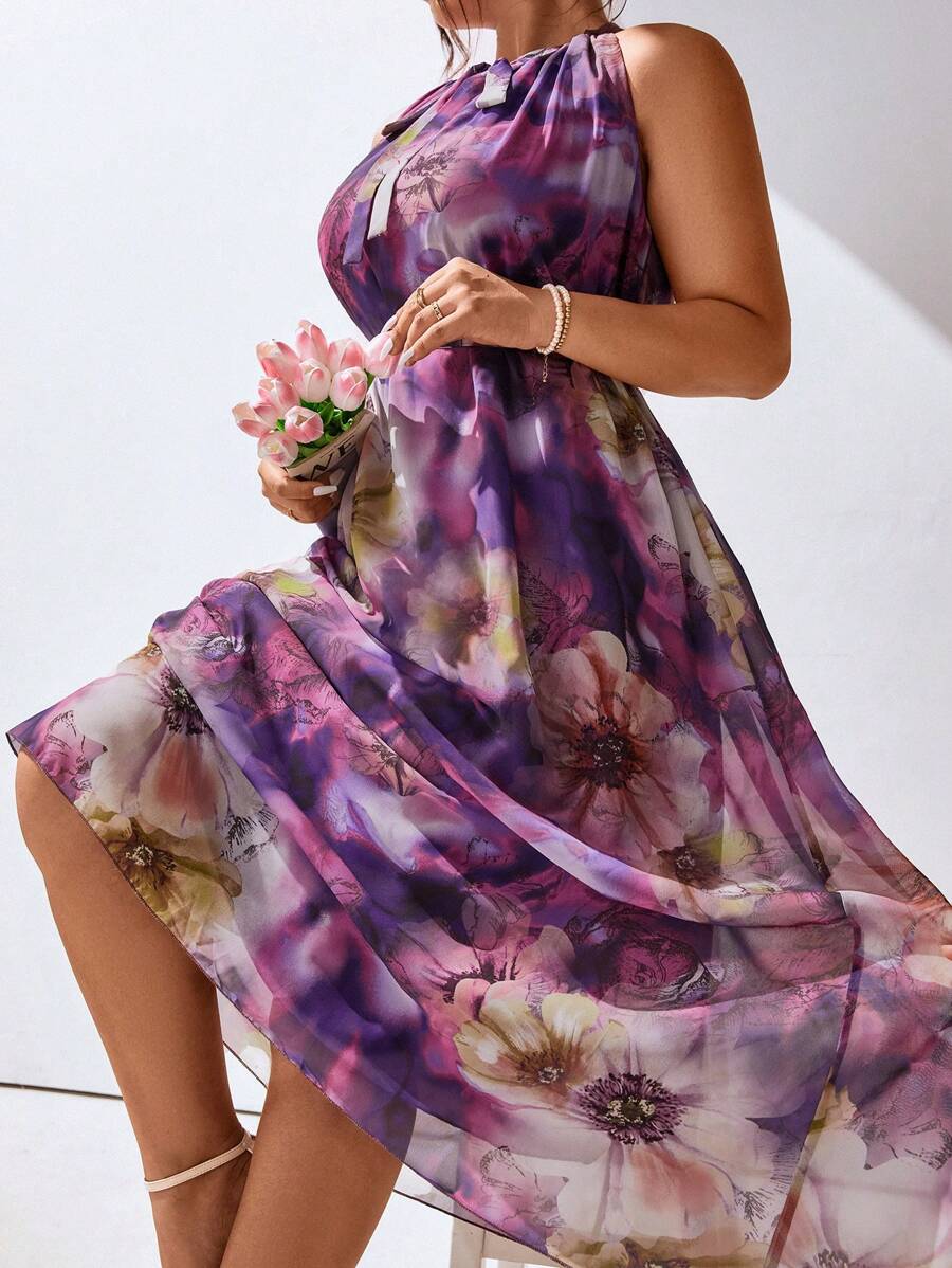 SHEIN Clasi Plus Size Floral Printed Halter Sleeveless Summer Dress - Purple - View 1