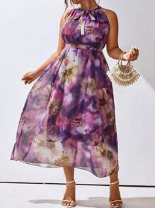 SHEIN Clasi Plus Size Floral Printed Halter Sleeveless Summer Dress - Purple - View 5