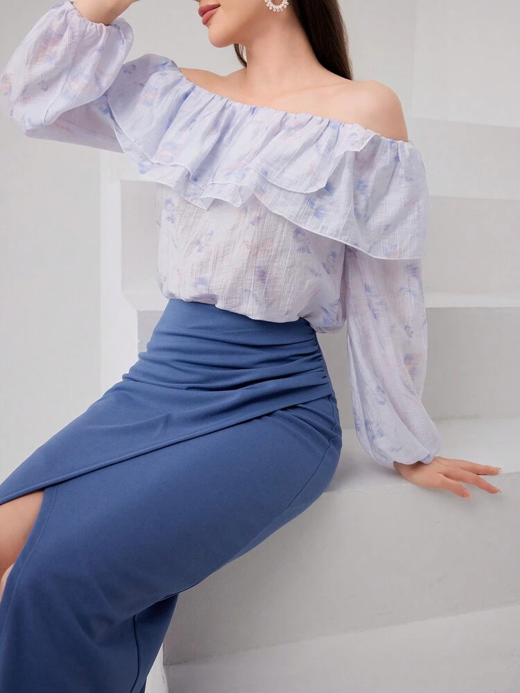 Women's Ruffle Casual Long Sleeve Top And Solid Color Skirt Two-Piece Set 2 Pieces Set