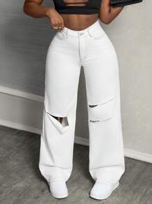 SHEIN Slayr Women's Mid-Rise Straight Leg Ripped Loose Fit Casual Jeans