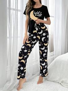 Star And Moon Print Short Sleeve And Long Pants Pajama Set - Black - View 6