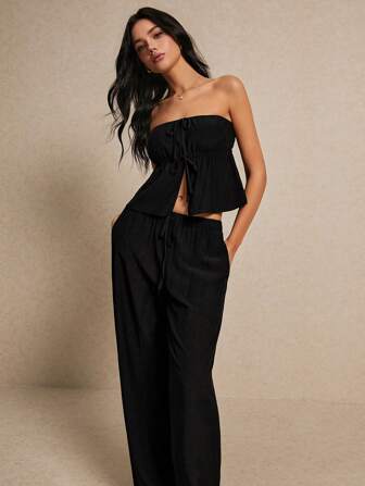 Poéselle Summer Black Fashion Linen Two-Piece Set, Chest Is Top Chest Slit Lacing + Wide Leg Trousers Linen Two-Piece Set, Wear Comfortable And Breathable, Suitable For Commuting Holiday Home Wear Casual Solid Color Strapless Crop Top And Long Pants Set With Slit