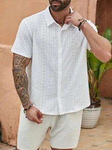 Manfinity RSRT Men Plus Size Holiday Casual Solid Color Hollow Embroidery Short Sleeve Shirt And Shorts Set