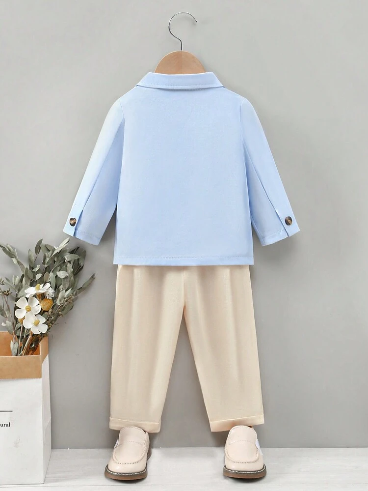 Baby Boy Elegant 3pcs Suit Including Long Sleeve Buttoned Western Blazer, Short Sleeve Bow-Tie Decorated Buttoned Shirt And Elastic Waistband Solid Woven Long Pants