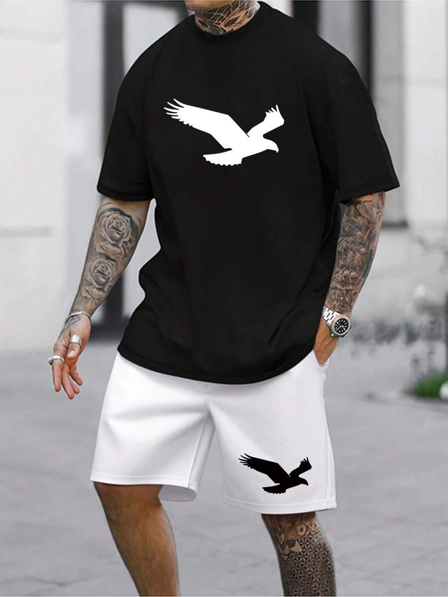 2 Pieces Set Men's Summer Black T Shirts White Shorts Outfits, Casual Tops Athletic Pants, Eagle Graphic Tees, Short Sleeve, Crew Neck,Drawstring Waist - Black - View 1