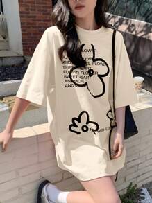 DAZY T-shirt casual oversize da donna per l'estate con stampa floreale e slogan, girocollo, magliette grafiche