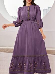 Mulvari 女士優雅花卉刺繡燈籠袖束腰連衣裙，夏季 - 淺灰紫 - 查看 3