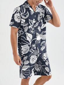Conjunto de camisa de manga corta con estampado completo y pantalones cortos para hombre, para ropa de verano en casa