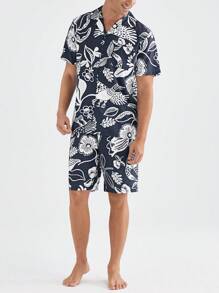 Conjunto de camisa de manga corta con estampado completo y pantalones cortos para hombre, para ropa de verano en casa