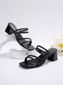 法国女神露趾粗跟凉鞋，全新夏季时尚设计，优雅系带连衣裙高跟鞋 - 黑色 - 查看 6