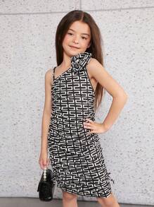 SHEIN Knitted Asymmetrical Neck Dress, Suitable For Tween Girls' Casual Wear In Summer - Black and White - View 4