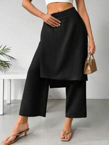 SHEIN Essnce Women Two-Layered Linen Color Loose Straight Long Skirt & Pants For Spring And Summer Casual Wear - Black - View 4