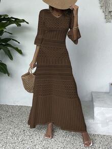 Vestido de punto midi con cuello en V impreso, manga larga y calado para mujer, primavera y verano (patrón aleatorio) - Marrón Mocha - Ver 7