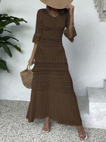 Vestido de punto midi con cuello en V impreso, manga larga y calado para mujer, primavera y verano (patrón aleatorio)