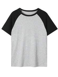 Women's Summer Colorblock Round Neck Raglan Short Sleeve Casual Loose T-Shirt - Grey - View 4