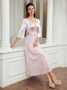 MOTF PREMIUM SATIN BODICE JACQUARD FLOWER APPLIQUE FLARE HEM BUCKLE BELTED DRESS - Pink - View 2