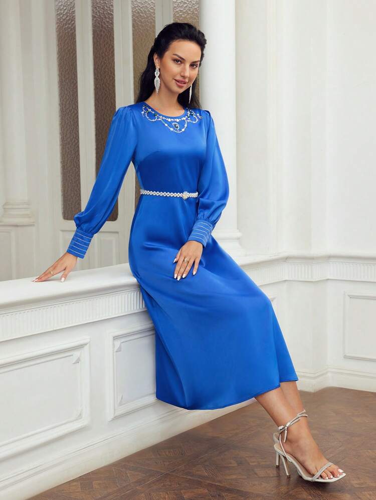 RHINESTONE DETAIL LANTERN SLEEVE FLARE HEM DRESS