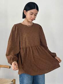FRIFUL Women's Solid Color Lantern Sleeve Casual Long Sleeve Shirt With Back Tied Straps,Ruffle School - Khaki - View 4