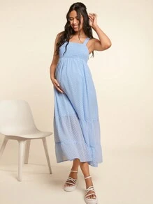 SHEIN Váy bầu dài cho con bú có dây đeo có thể tháo rời và viền xếp nếp - Màu xanh lam - Xem 6