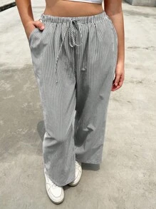 SHEIN EZwear Women's Plus Size Loose Fit Casual Navy & White Vertical Striped Long Pants For Summer